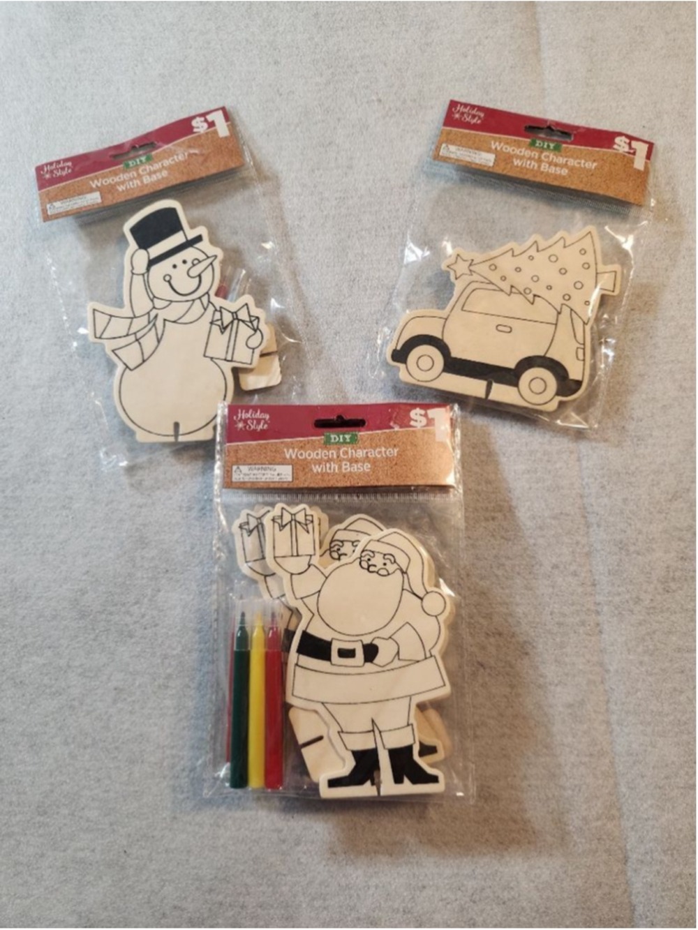 6 pack of Various Holiday Style Arts & Craft Wooden Coloring Character & Markers